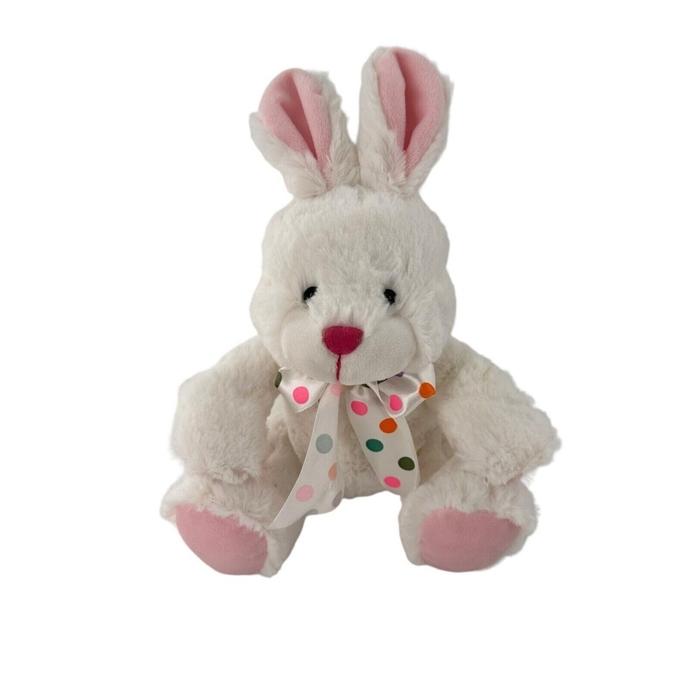 White‎ Plush Bunny Rabbit Pink Ears Polka Dot Bow By American Greetings Easter